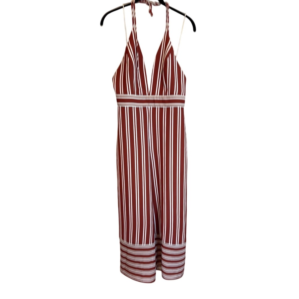 Amanda Uprichard Rust White Striped Halter Wide Leg Jumpsuit Womens